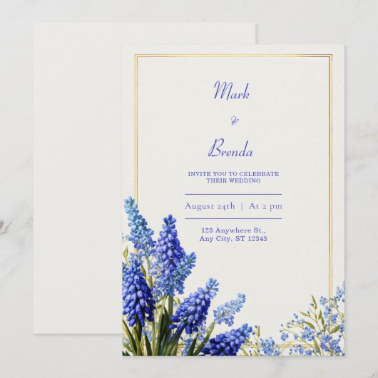 Cobalt Blue Muscari Botanical Gold Frame Wedding 招待状 (正面/裏面)