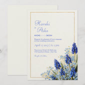 Cobalt Blue Muscari Botanical Gold Frame Wedding 招待状 (正面/裏面)