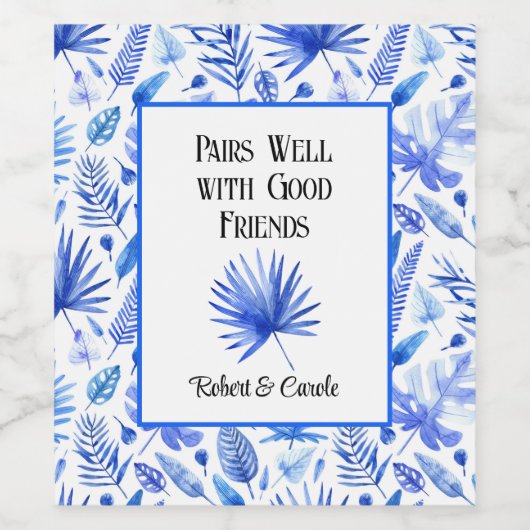 Cobalt Blue on White Tropical Pattern, Palm Leaf ワインラベル (シングルラベル)