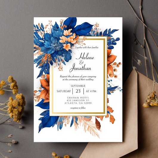 Cobalt Blue Orange Terracotta Boho Elegant Wedding 招待状