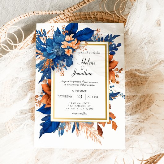 Cobalt Blue Orange Terracotta Boho Elegant Wedding 招待状
