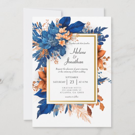 Cobalt Blue Orange Terracotta Boho Elegant Wedding 招待状 (正面)