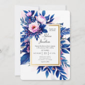 Cobalt Blue Pink Floral Modern Elegant Wedding 招待状 (正面)