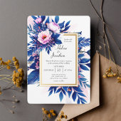 Cobalt Blue Pink Floral Modern Elegant Wedding 招待状