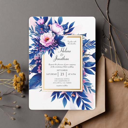 Cobalt Blue Pink Floral Modern Elegant Wedding 招待状