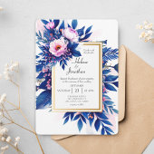 Cobalt Blue Pink Floral Modern Elegant Wedding 招待状