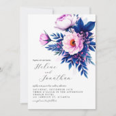 Cobalt Blue Pink Stylish Elegant Floral Wedding 招待状 (正面)