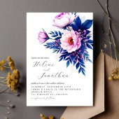 Cobalt Blue Pink Stylish Elegant Floral Wedding 招待状