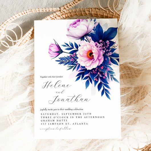 Cobalt Blue Pink Stylish Elegant Floral Wedding 招待状
