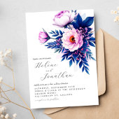 Cobalt Blue Pink Stylish Elegant Floral Wedding 招待状