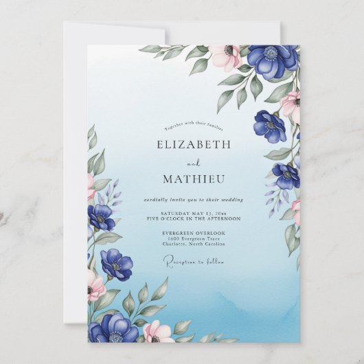 Cobalt Blue Radiant Botanical Wedding 招待状 (正面)