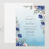 Cobalt Blue Radiant Botanical Wedding 招待状 (正面/裏面)