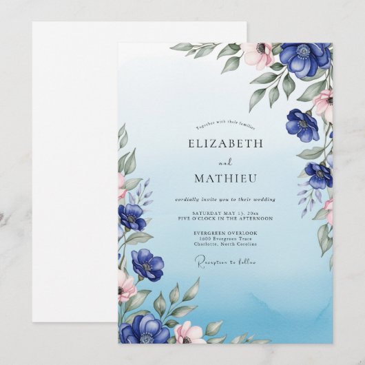 Cobalt Blue Radiant Botanical Wedding 招待状 (正面/裏面)