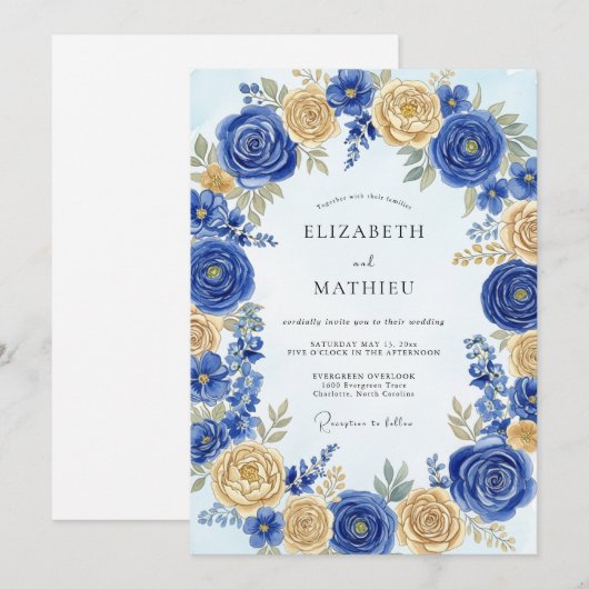 Cobalt Blue Regal Spring Wedding 招待状 (正面/裏面)