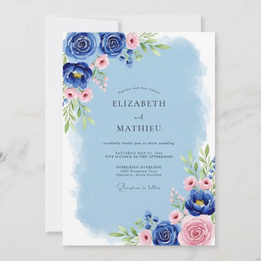 Cobalt Blue Serene Spring Wedding 招待状 (正面)
