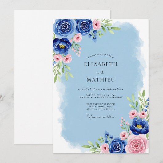 Cobalt Blue Serene Spring Wedding 招待状 (正面/裏面)