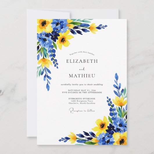 Cobalt Blue Sunny Botanical Wedding 招待状 (正面)