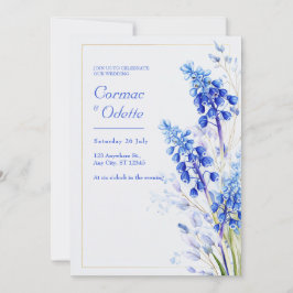 Cobalt Blue Watercolor Muscari Gold Frame Wedding 招待状