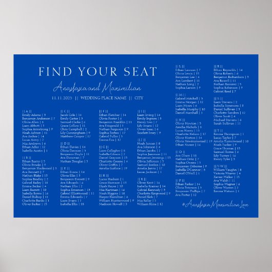 Cobalt Blue Wedding Alphabetical Seating Chart ポスター (正面)