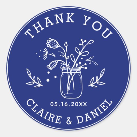 Cobalt Blue Wedding Thank You Mason Jar Flowers  ラウンドシール (正面)