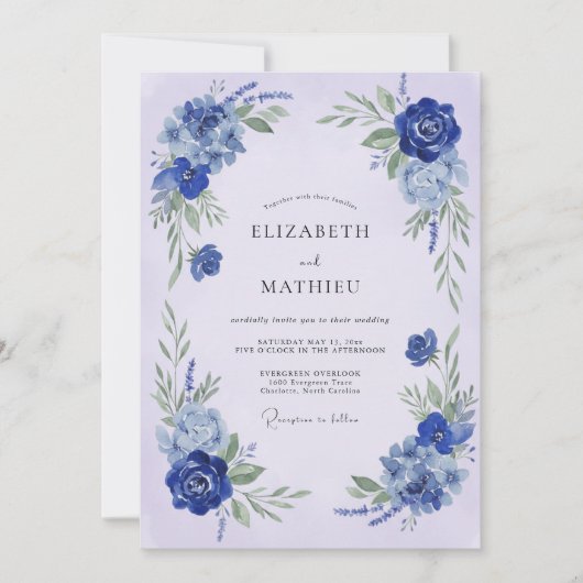 Cobalt Botanical Flourish Wedding 招待状 (正面)