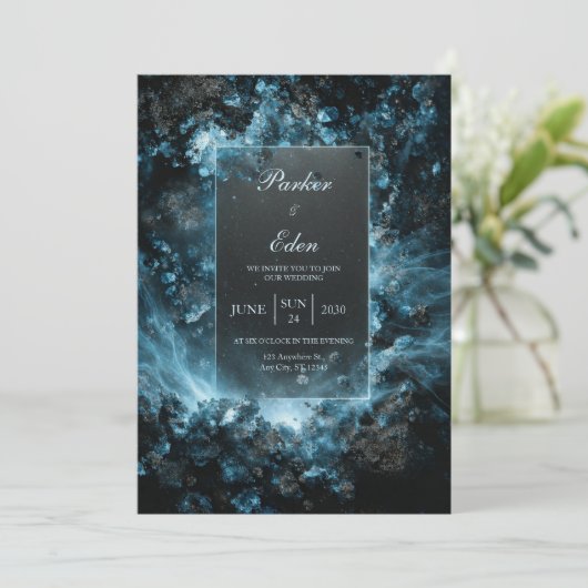 Cobalt Crystal Nebula Glowing Frame Wedding 招待状 (スタンド正面)