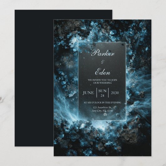 Cobalt Crystal Nebula Glowing Frame Wedding 招待状 (正面/裏面)