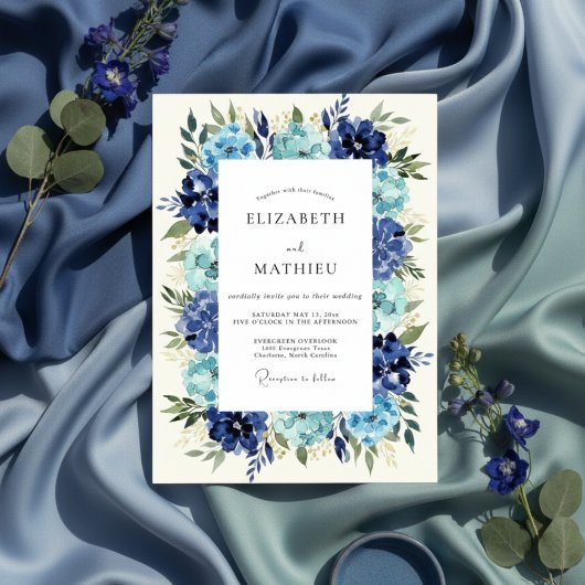 Cobalt Floral Lush Romance Wedding 招待状