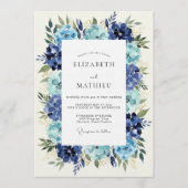 Cobalt Floral Lush Romance Wedding 招待状 (正面)