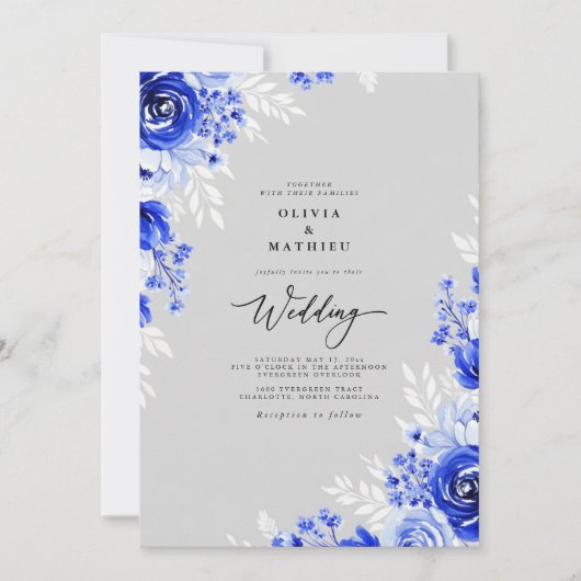 Cobalt Floral Romance Wedding 招待状 (正面)