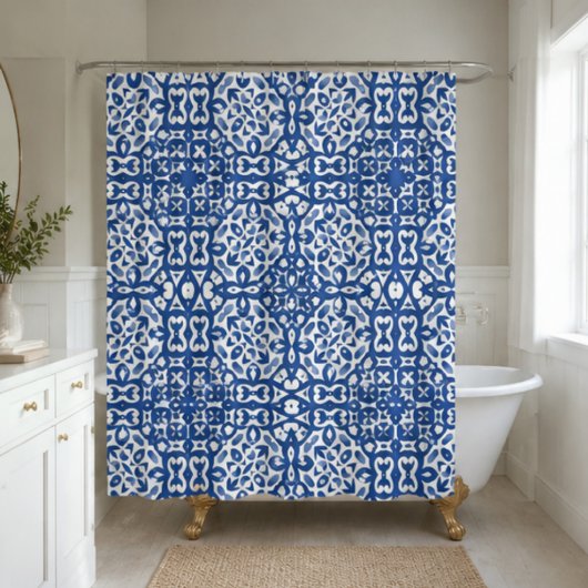 Cobalt Heritage Classic Blue and White Geometric シャワーカーテン