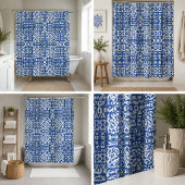 Cobalt Heritage Classic Blue and White Geometric シャワーカーテン