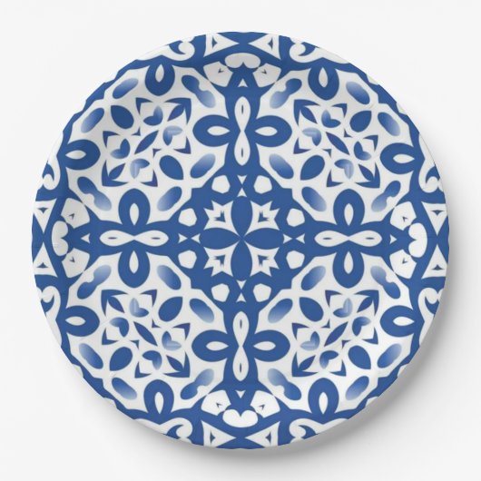 Cobalt Heritage Classic Blue and White Geometric ペーパープレート (正面)