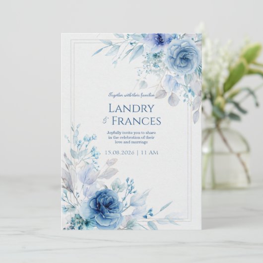 Cobalt Indigo Rose Romantic Botanical Frame 招待状 (スタンド正面)