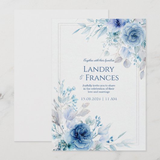 Cobalt Indigo Rose Romantic Botanical Frame 招待状 (正面/裏面)