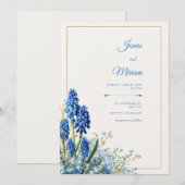 Cobalt Muscari Gold Frame Textured Background 招待状 (正面/裏面)