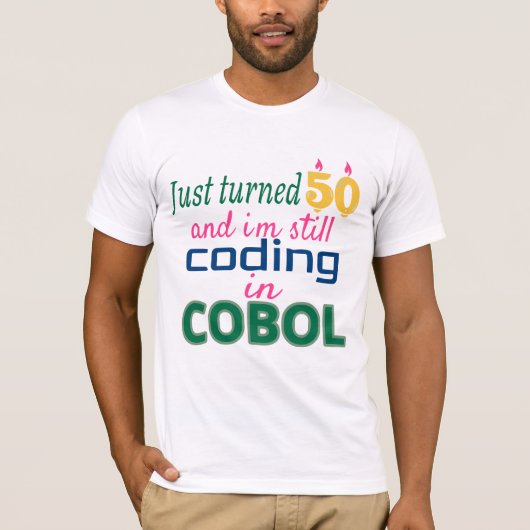 COBOLで50歳でコードを書き込む Tシャツ (正面)