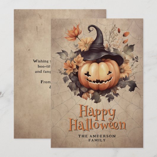 Cobweb Pumpkin In A Hat Happy Halloween Card シーズンカード (正面/裏面)