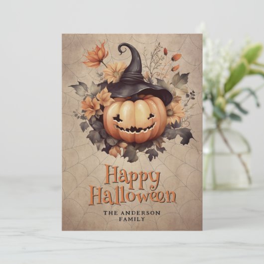 Cobweb Pumpkin In A Hat Happy Halloween Card シーズンカード (スタンド正面)