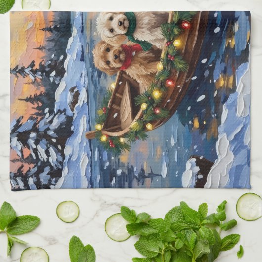 Cockapoo Christmas Boat Holiday キッチンタオル (折り畳み)