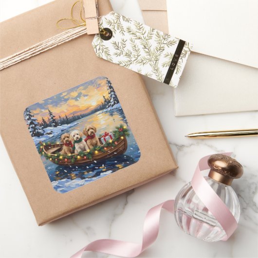 Cockapoo Christmas Boat Holiday スクエアシール (ギフト)