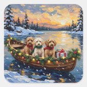 Cockapoo Christmas Boat Holiday スクエアシール (正面)