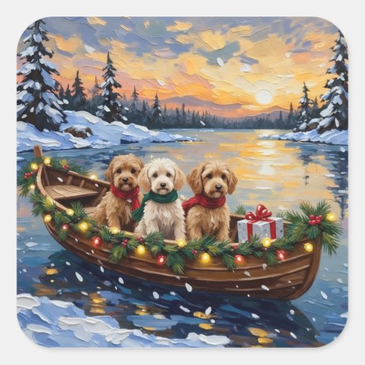 Cockapoo Christmas Boat Holiday スクエアシール (正面)