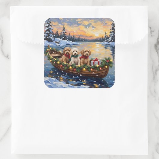 Cockapoo Christmas Boat Holiday スクエアシール (バッグ)