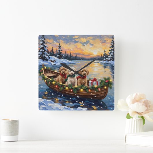Cockapoo Christmas Boat Holiday スクエア壁時計 (ホーム)