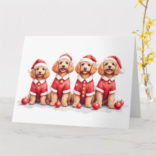 Cockapoo Christmas Dress Santa Hat カード (黄色い花)