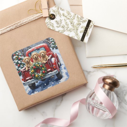 Cockapoo Christmas Red Truck Holiday スクエアシール (ギフト)