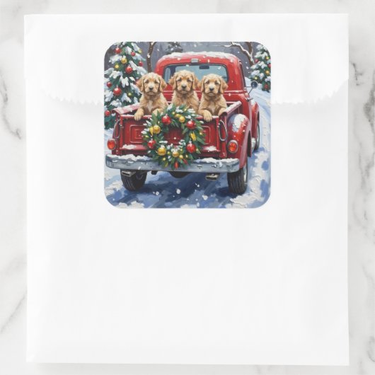 Cockapoo Christmas Red Truck Holiday スクエアシール (バッグ)