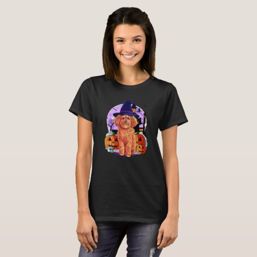 Cockapoo Cute Dog Halloween Witch Pumpkin Tシャツ (正面フル)
