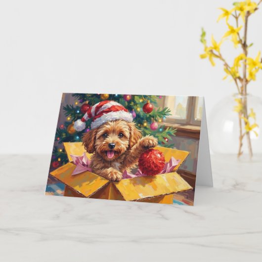 Cockapoo Dog Christmas Gift Box Surprise カード (黄色い花)
